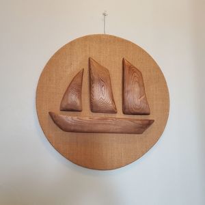 Mid-Century Carved Cedar and Burlap Wall Art Robbie Probert Atlantic Schooner